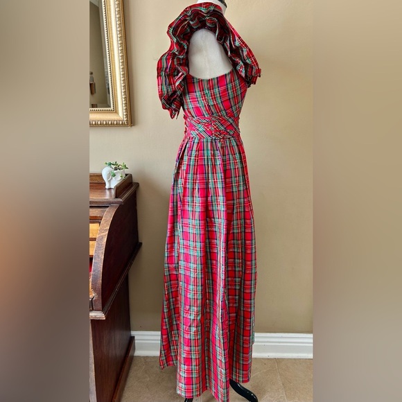 Vintage 1970s Red Royal Stewart Tartan Plaid Ruffle Off Shoulder Maxi Dress XS - Picture 9 of 16